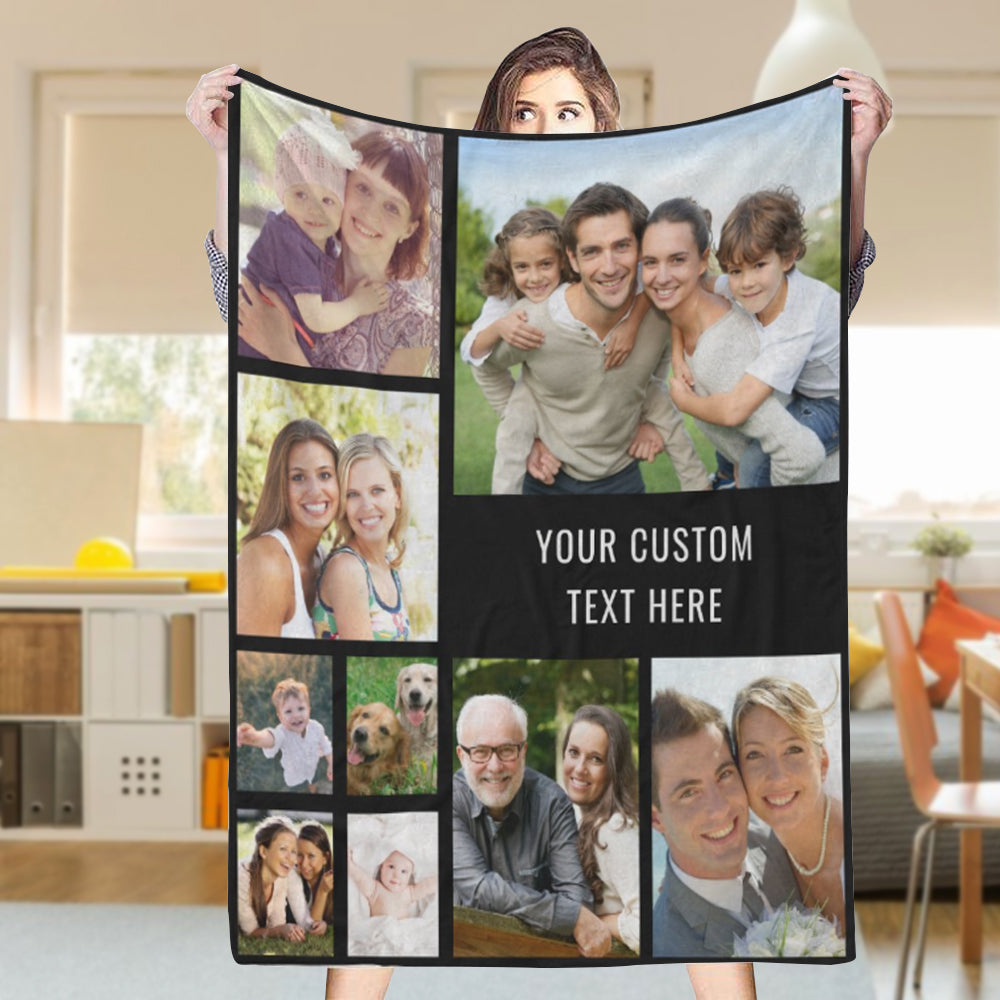 Custom 9 Photos Text Black Fleece Blanket Gift for Him/Her | Couple Anniversary Gift