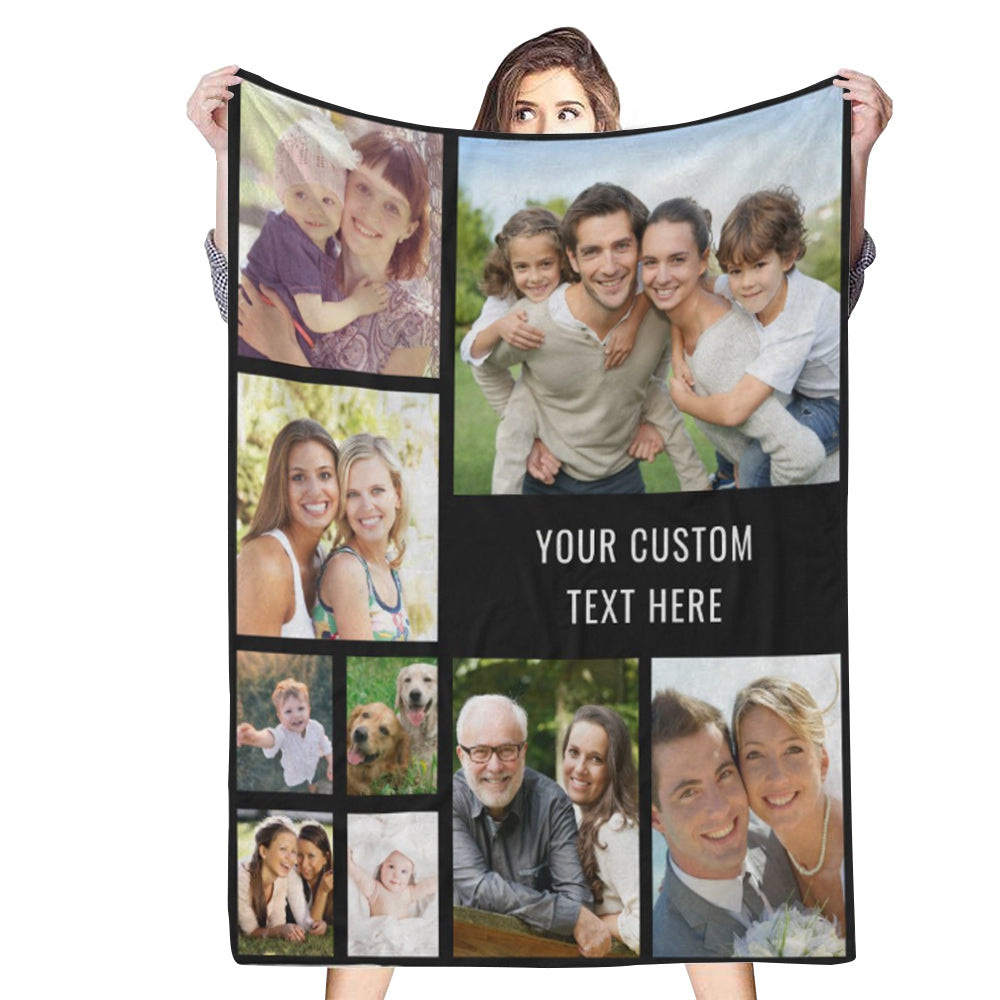 Custom 9 Photos Text Black Fleece Blanket Gift for Him/Her | Couple Anniversary Gift