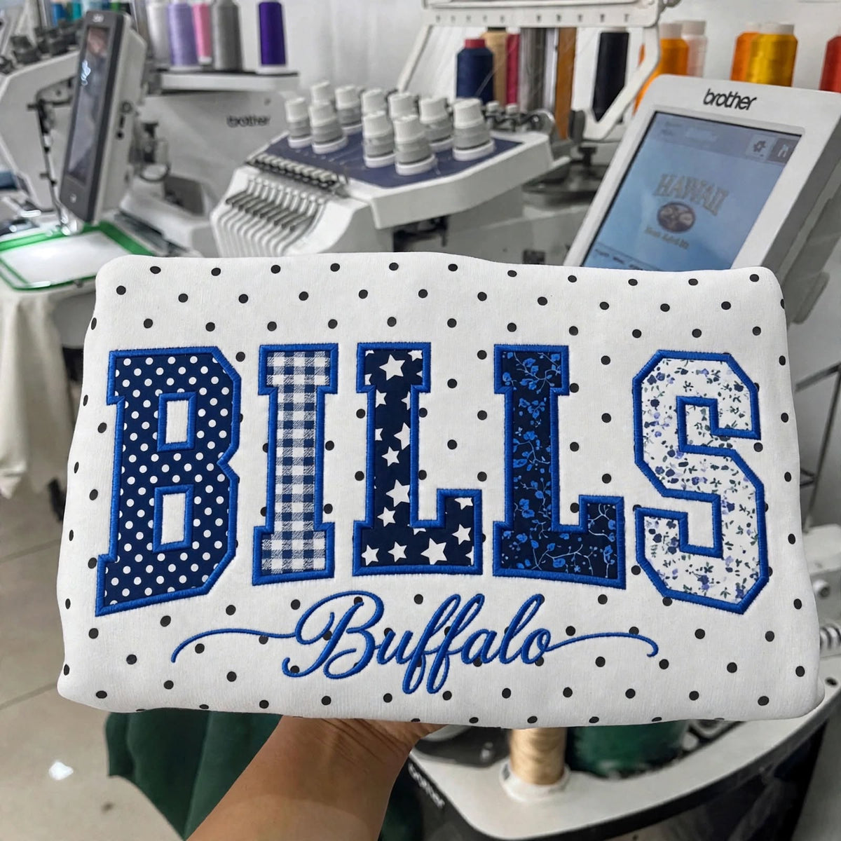 Custom Patchwork Fabric Embroidered Football Team Polka Dot Sweatshirt Game Day Wear