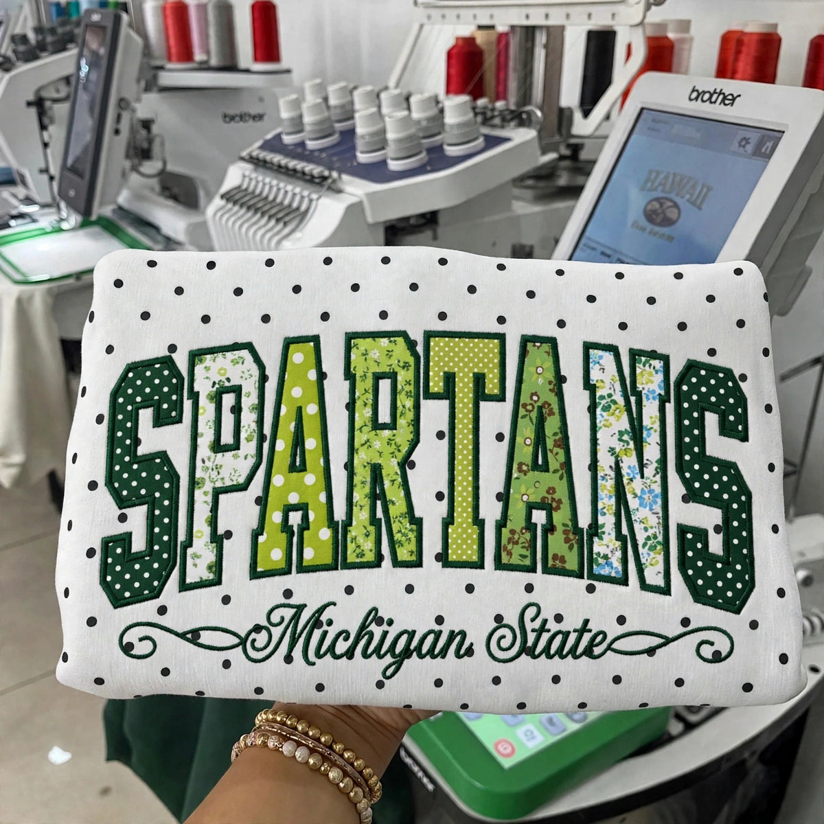 Custom College Football Team Patchwork Fabric Embroidered Polka Dot Sweatshirt Team and School Name Applique Varsity Letters | Game Day Wear