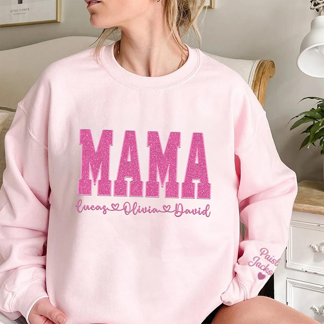 Custom Mom Glitter Embroidered Sweatshirt With Linear Hollow Heart children‘s Name | Mother's Day Gift