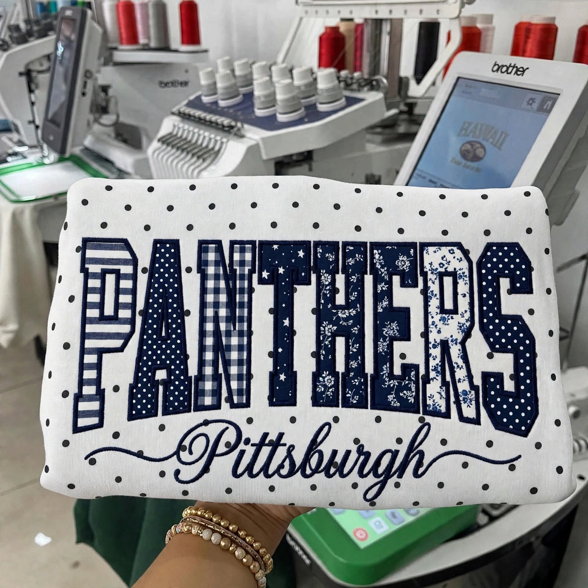 Custom College Football Team Patchwork Fabric Embroidered Polka Dot Sweatshirt Team and School Name Applique Varsity Letters | Game Day Wear