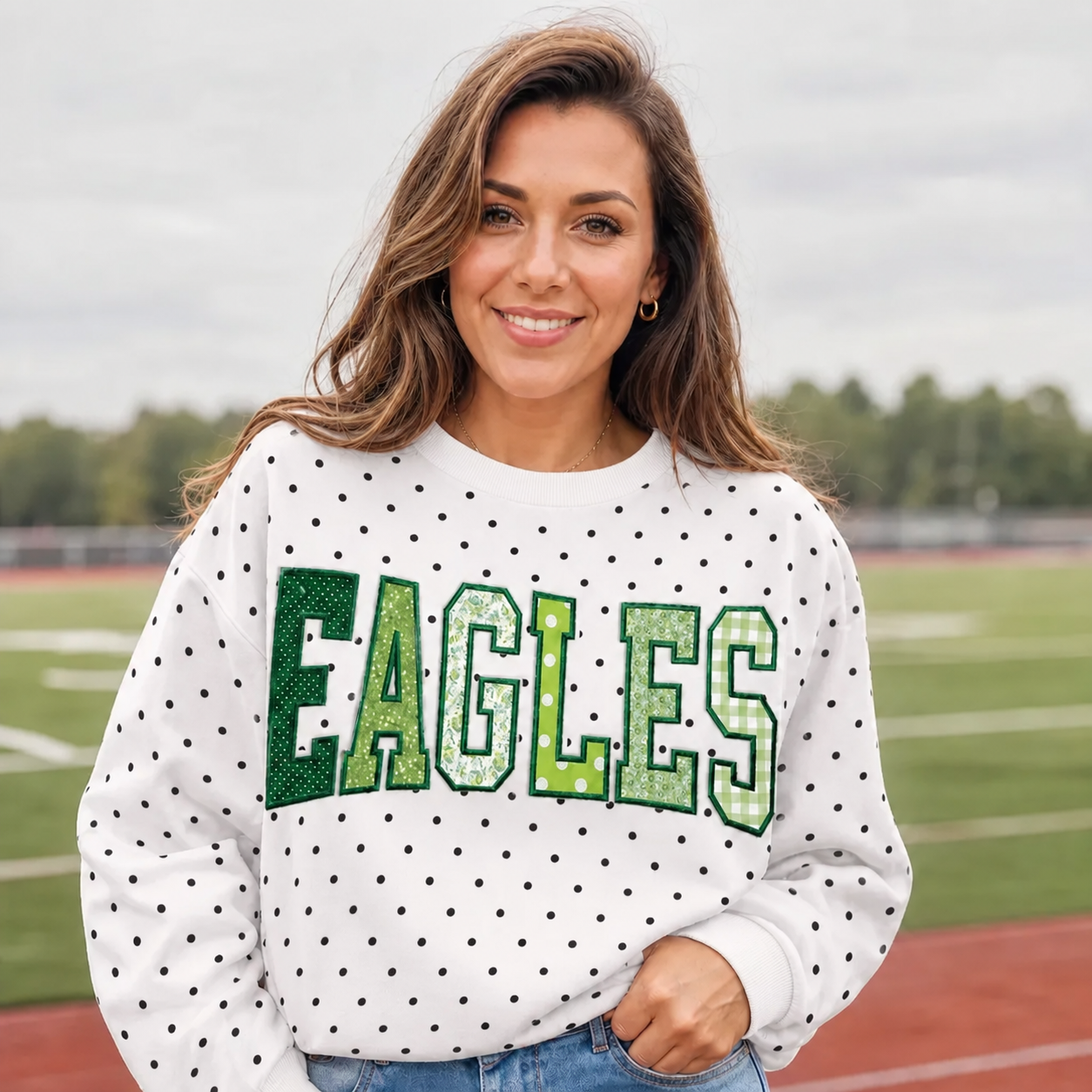 Custom Patchwork Fabric Embroidered Polka Dot Sweatshirt Team and School Name Applique Varsity Letters | Game Day Wear