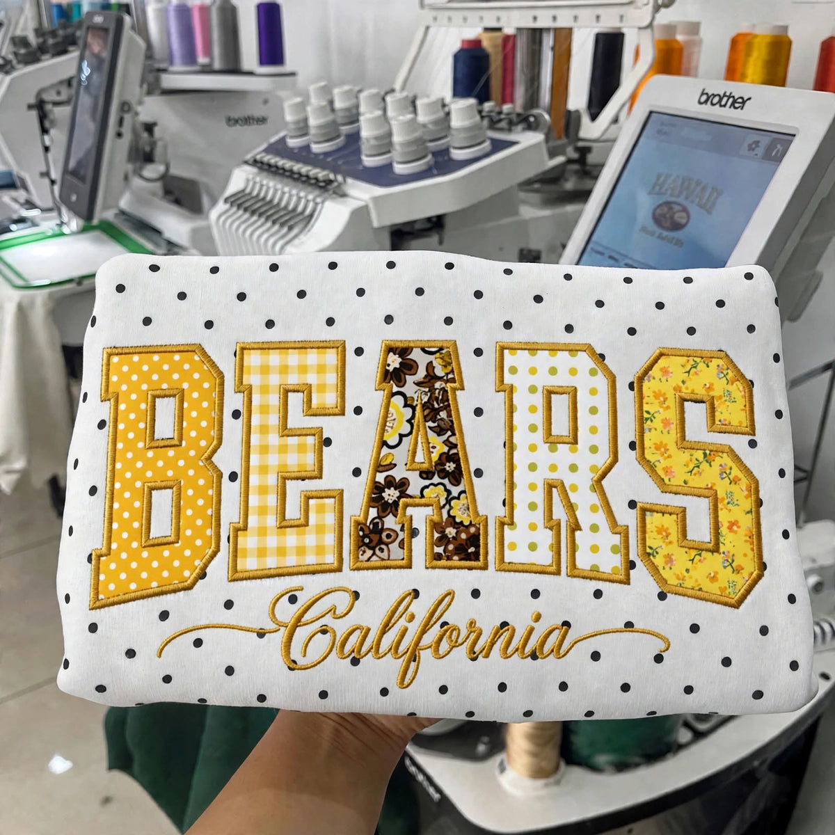 Custom College Football Team Patchwork Fabric Embroidered Polka Dot Sweatshirt Team and School Name Applique Varsity Letters | Game Day Wear
