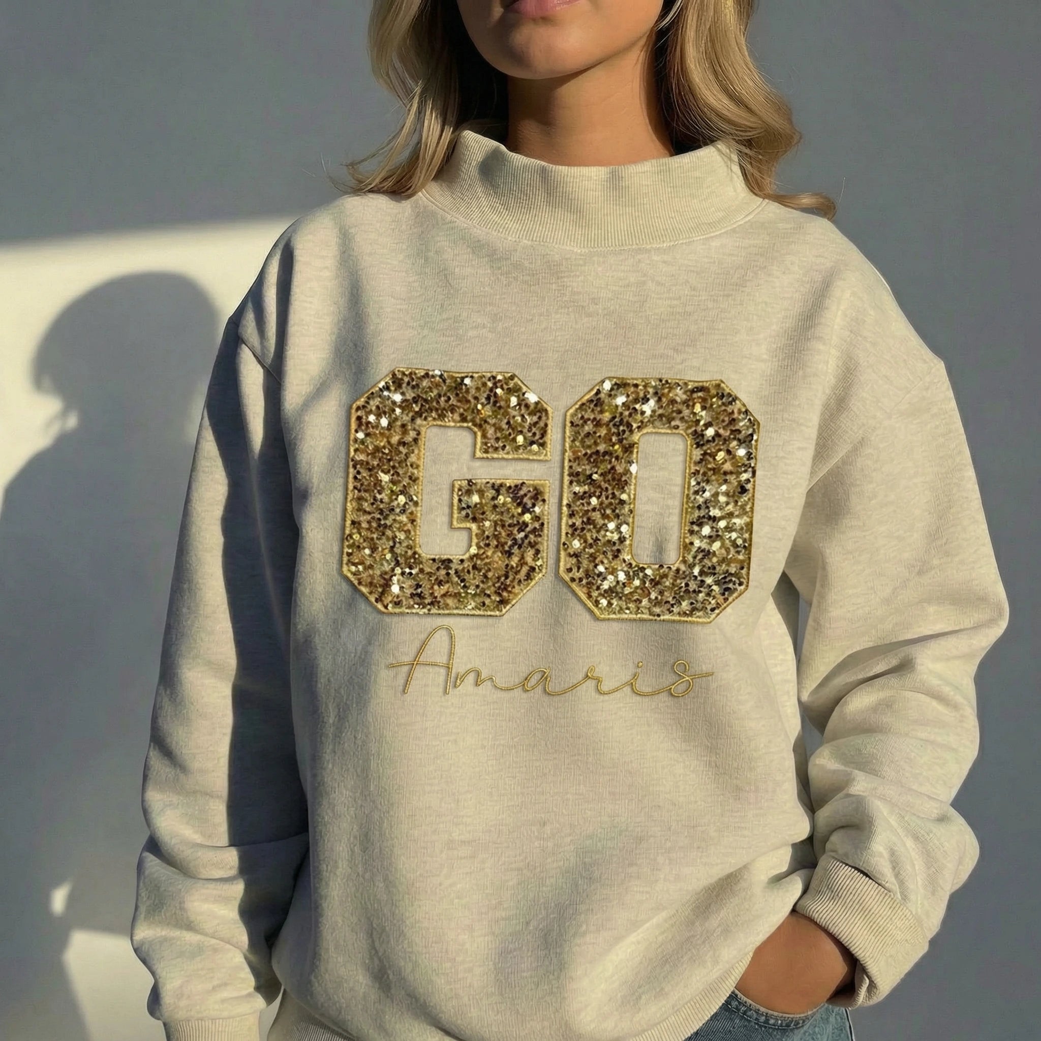 Custom Game Day ''GO'' Mockneck Sweatshirt – Sequin Varsity Letter Camo Tee | Gifts for Sports Mom