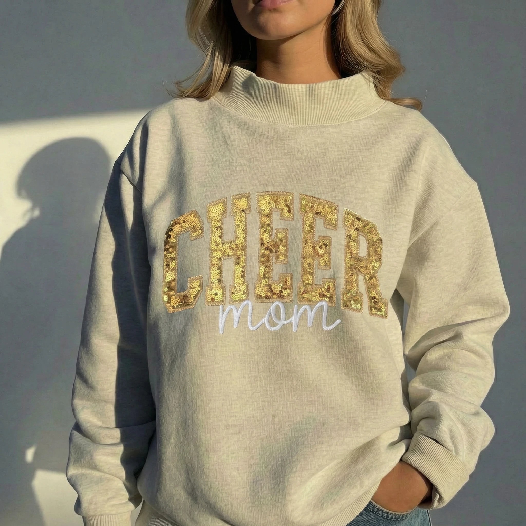 Custom CHEER MAMA Mockneck Sweatshirt – Personalized Glitter Letters, Vintage Style,Camo Tee | Gifts for Sports Mom
