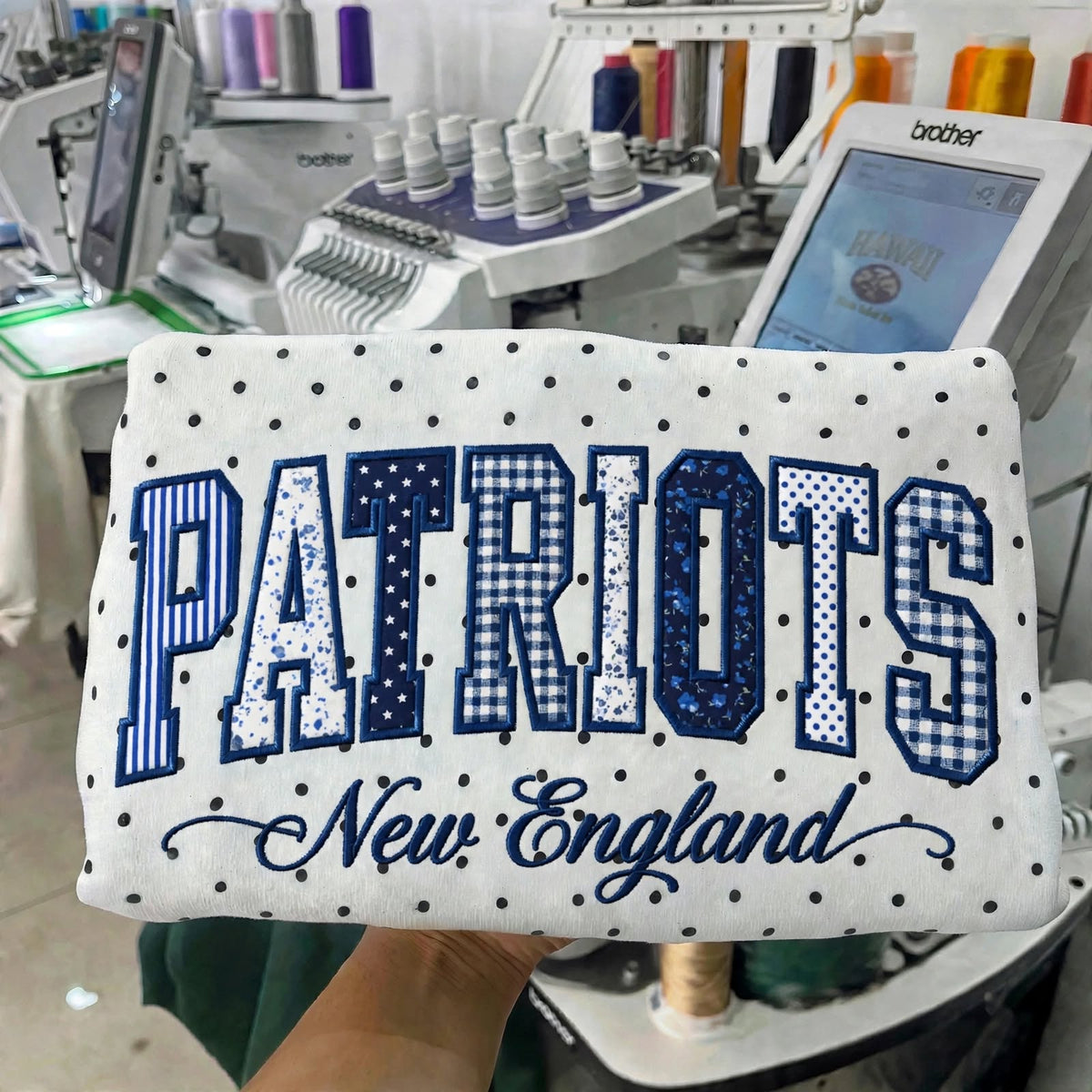 Custom Patchwork Fabric Embroidered Football Team Polka Dot Sweatshirt Game Day Wear