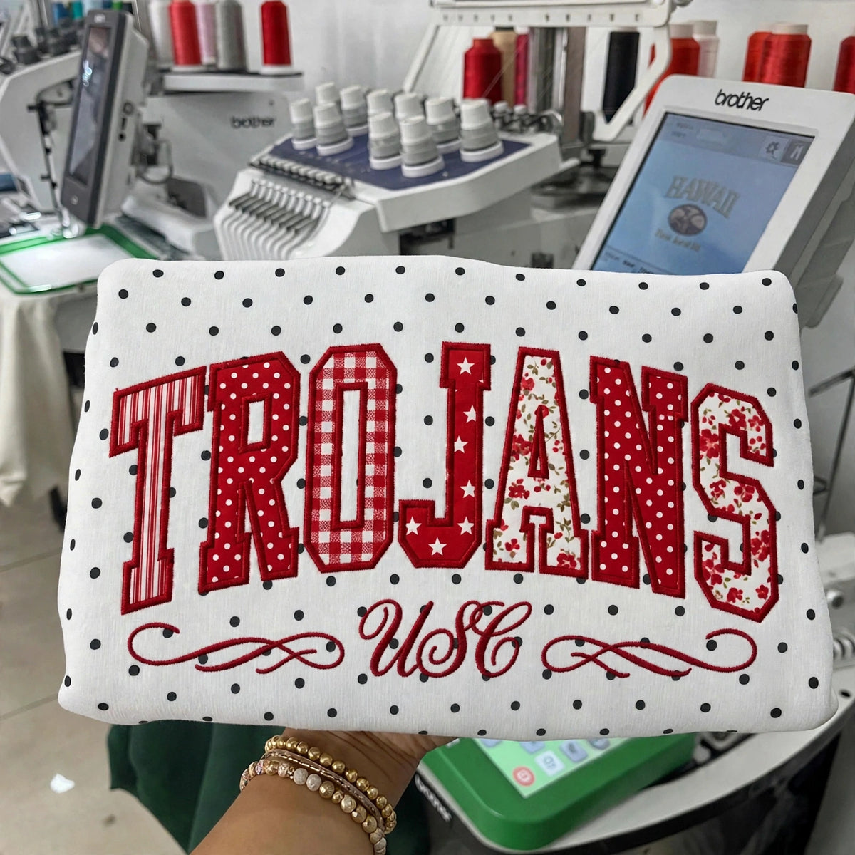 Custom College Football Team Patchwork Fabric Embroidered Polka Dot Sweatshirt Team and School Name Applique Varsity Letters | Game Day Wear