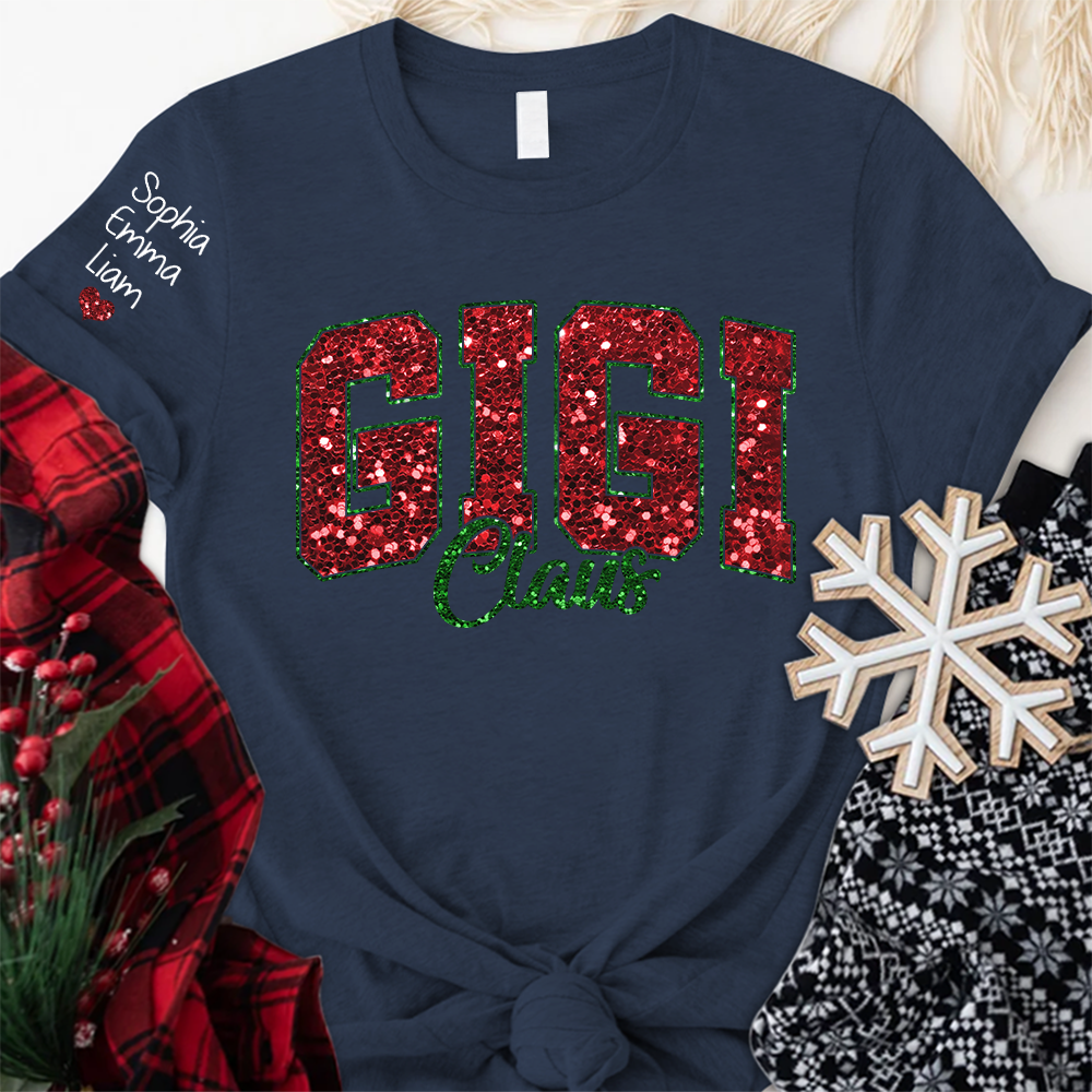 Custom Sequin Applique Embroidered Gigi Claus Christmas And Kids name T-Shirt