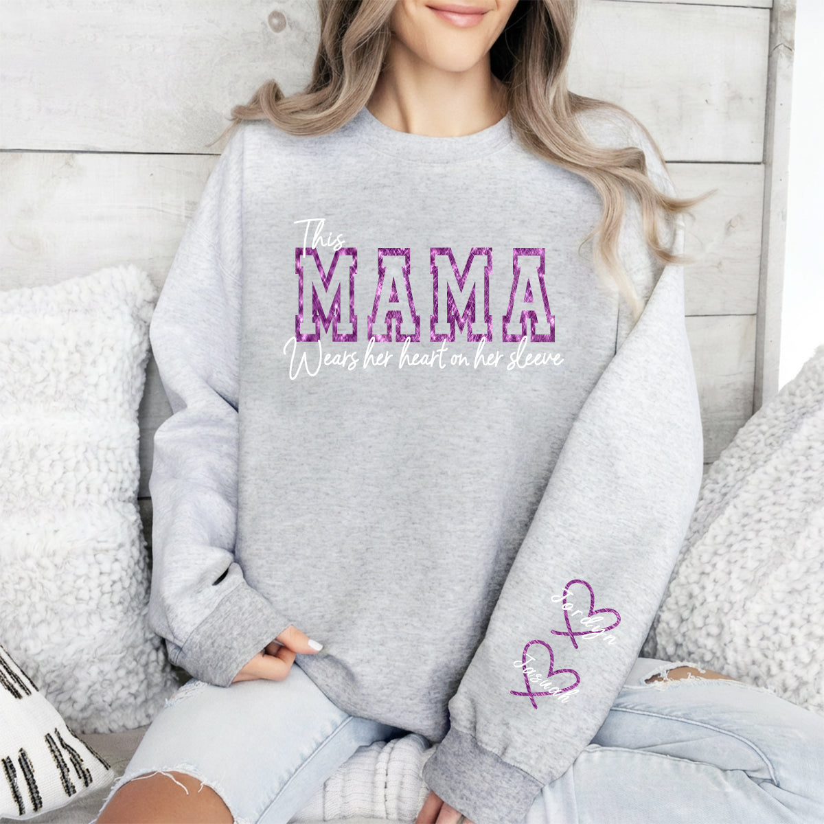 Wear Your Heart on Your Sleeve – Personalized Glitter Mama Sweatshirt with Kids’ Names | Mother's Day Gift