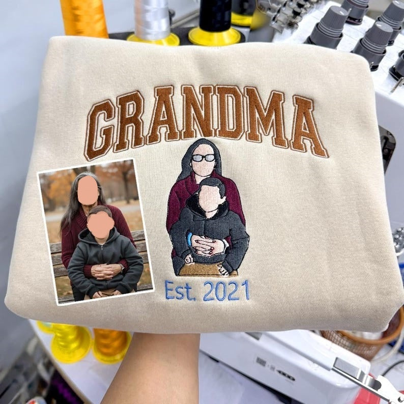 Personalized Family Portrait Embroidered Grandma Crewneck Holiday Sweatshirt Gift for Parents | Mother's Day Gift