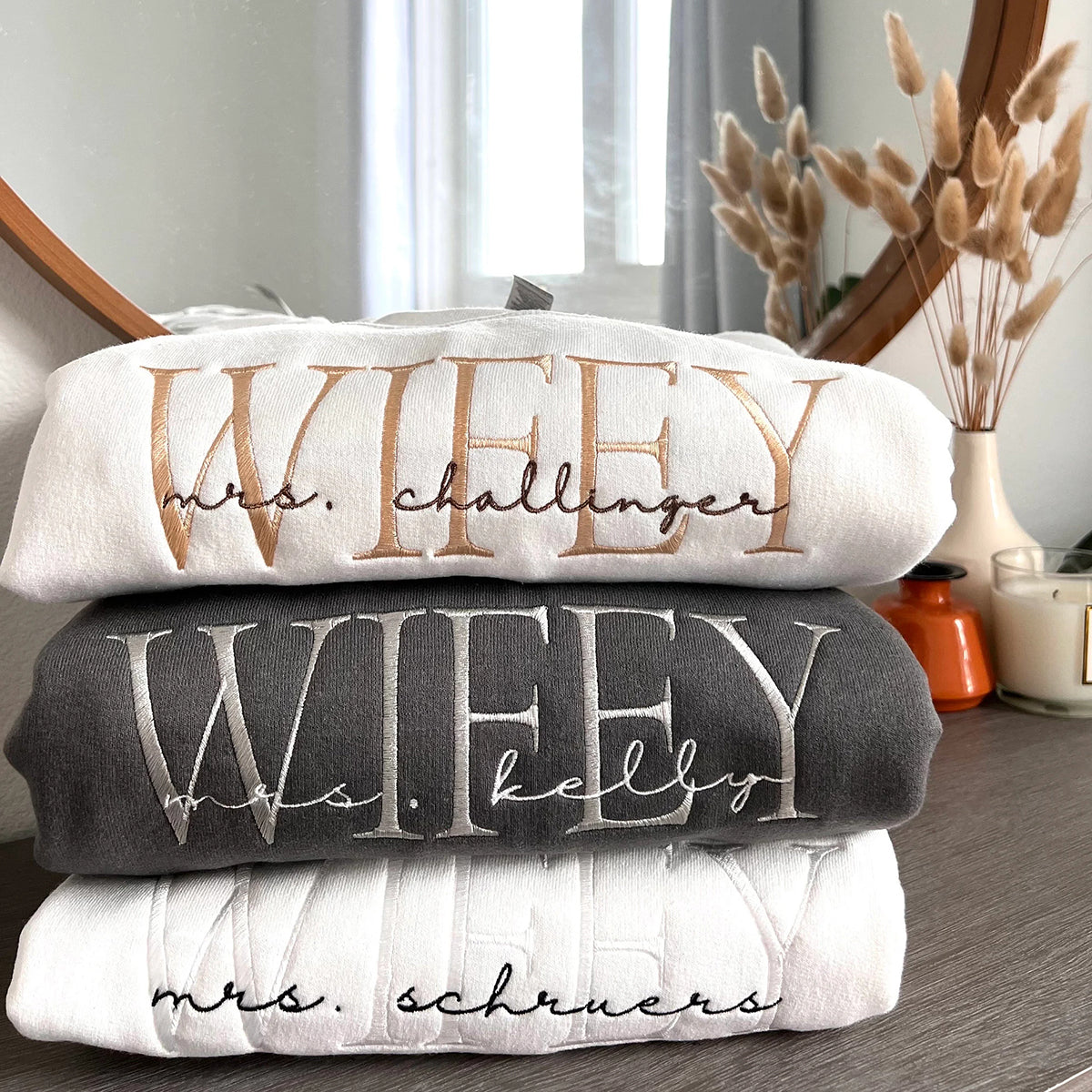 Personalized Wifey Hubby Embroidered Sweatshirt With Date On Sleeve | Anniversary Gift
