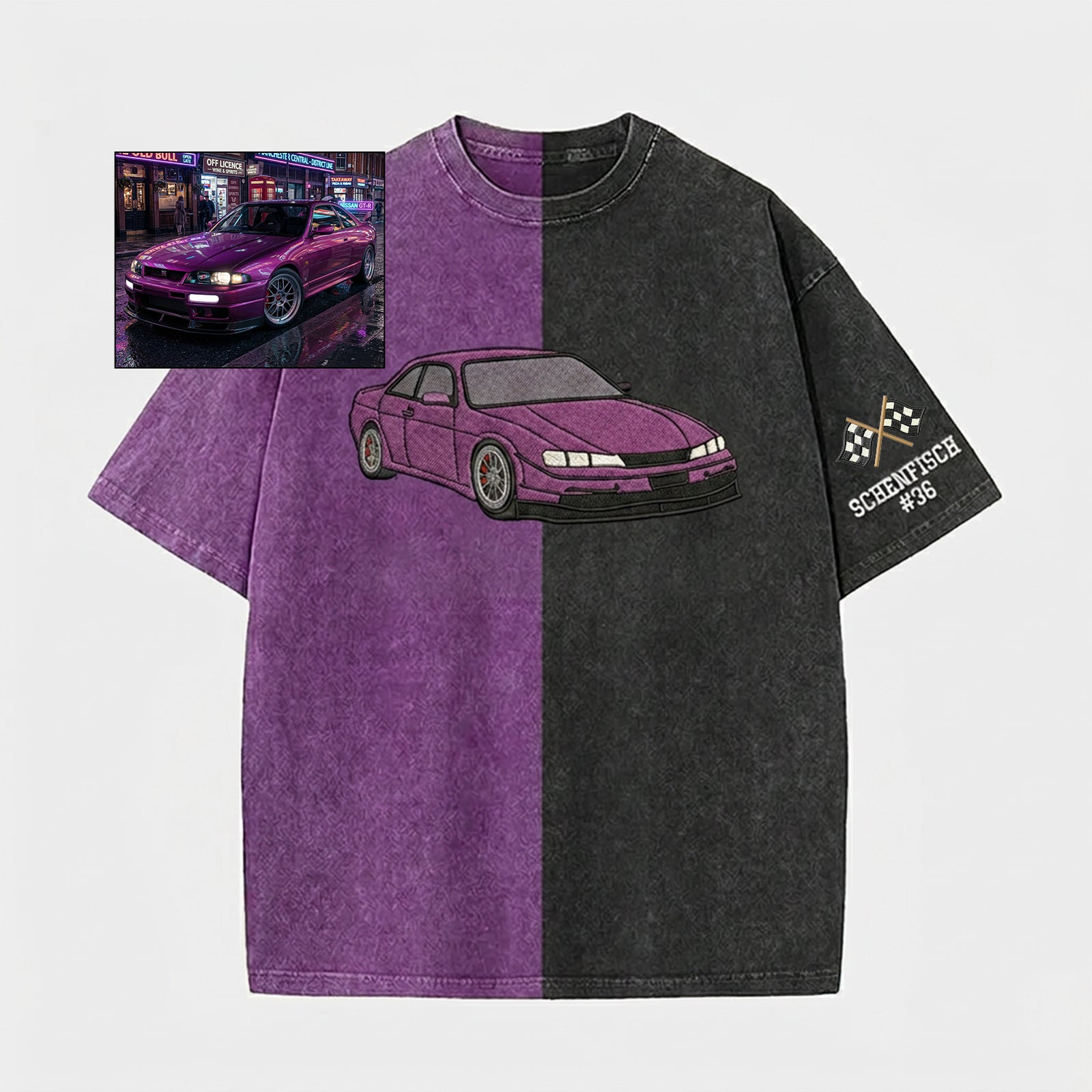 Custom Full-Color Car Two Tone Embroidered Vintage Washed T-Shirt – Personalized Car Photo Gift
