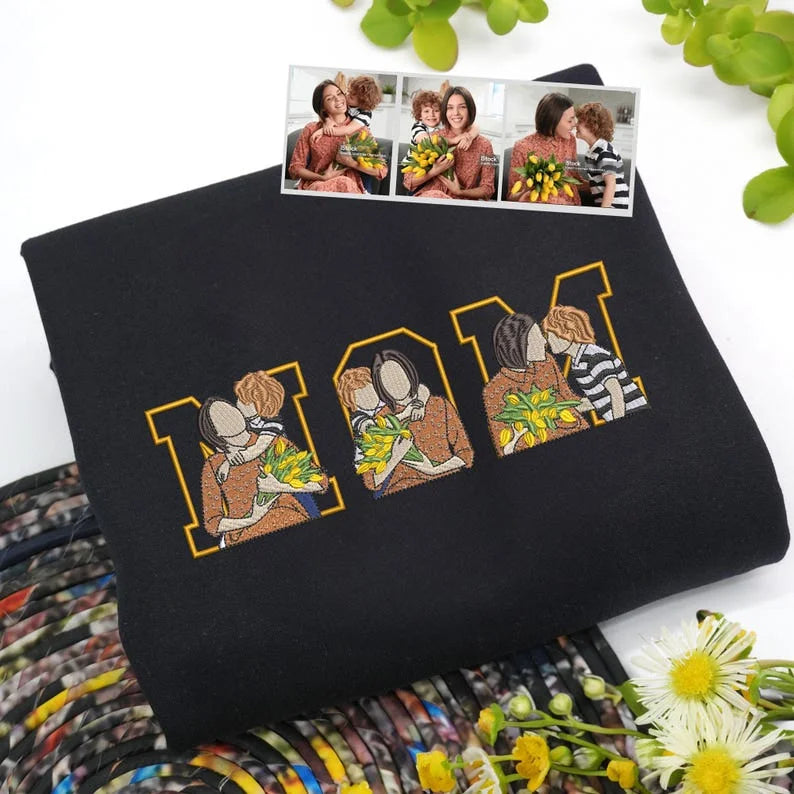 Custom Photo Portrait Embroidery Sweatshirt/Hoodie, Gift For Dad/Mom/Family | Mother's Day Gift
