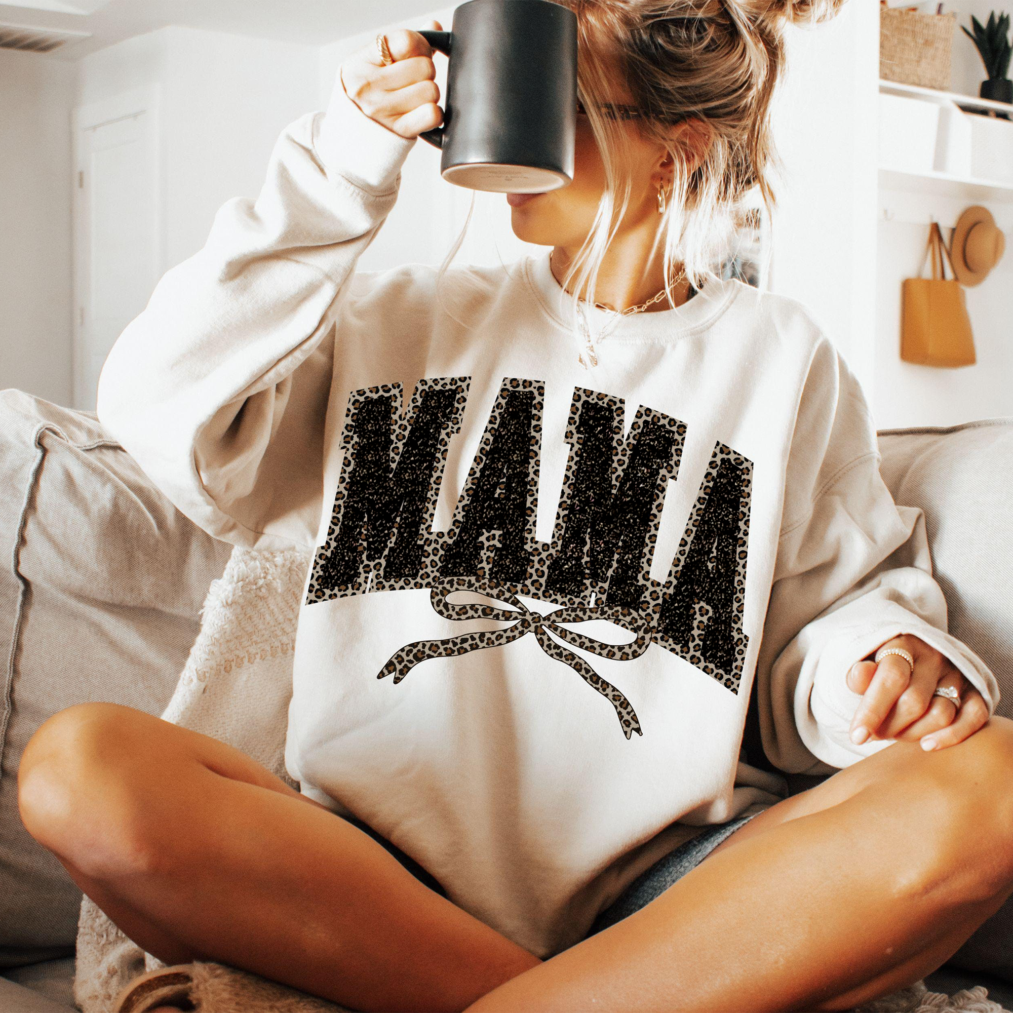 Custom Mom Leopard Bow Glitter Print Sweatshirt, Gift For MOM