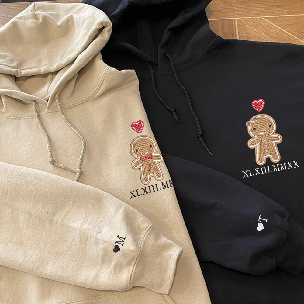 Custom Embroidered Cookie Cute Gingerbread Christmas Roman Numeral Date Hoodies For Couples | Couple Christmas Gift