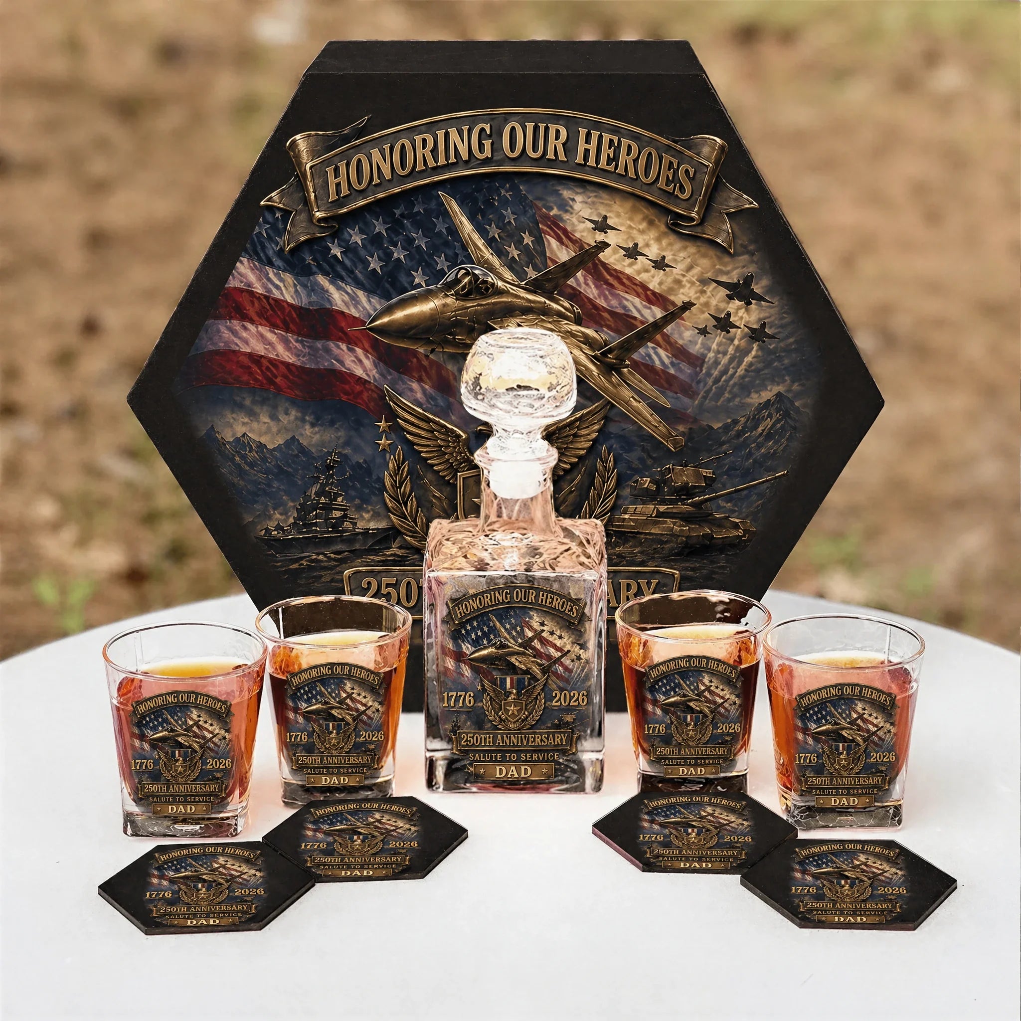 Custom Name USA 250th Anniversary Whiskey Decanter Set | 1776-2026 Patriotic Father's Day Gift | Hexagonal Wooden Box, 4 Glasses & Coasters