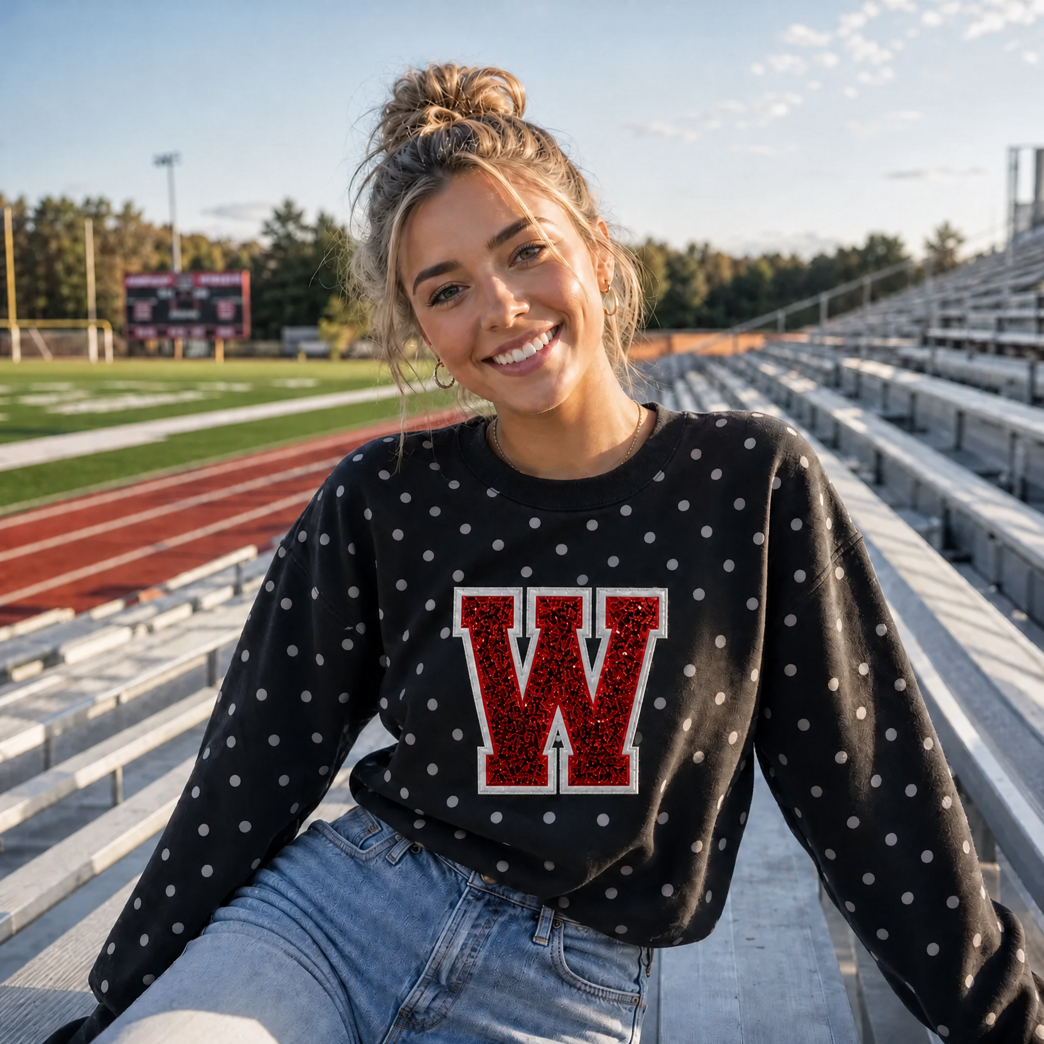 Custom Sequin Letters Polka Dot Sweatshirt – Personalized Glitter Numbers, Sports Fan Gift | Gifts for Sports Mom | Game Day Wear