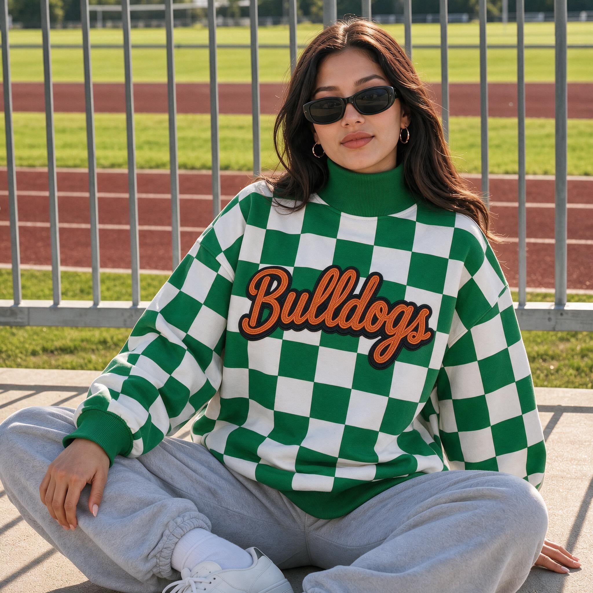 Custom Glitter Team Mascot Checkerboard Mockneck Sweatshirt | Game Day Spirit Wear