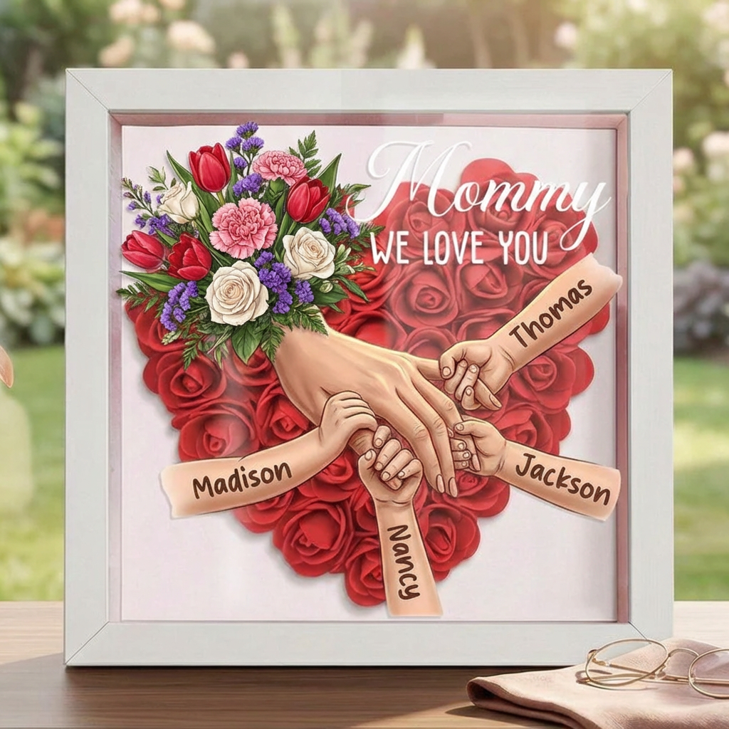 "Tulips, White Roses, and Carnations"-Personalized Mom Holding Hands Flower Shadow Box-Mother's Day Remembrance Frame, In Loving Memory Gift
