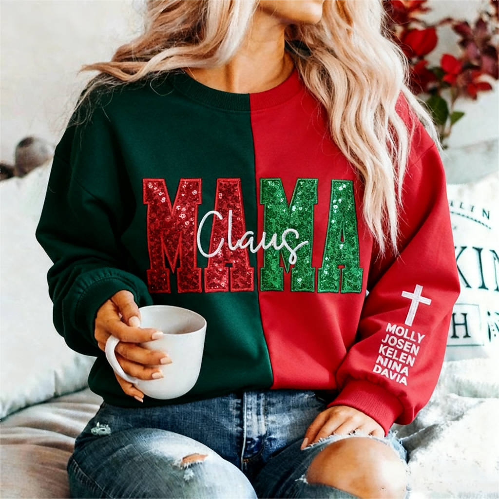 Custom Two Tone Sequins Mama Sweatshirt Christmas Split Fashion Embroidered Hoodie