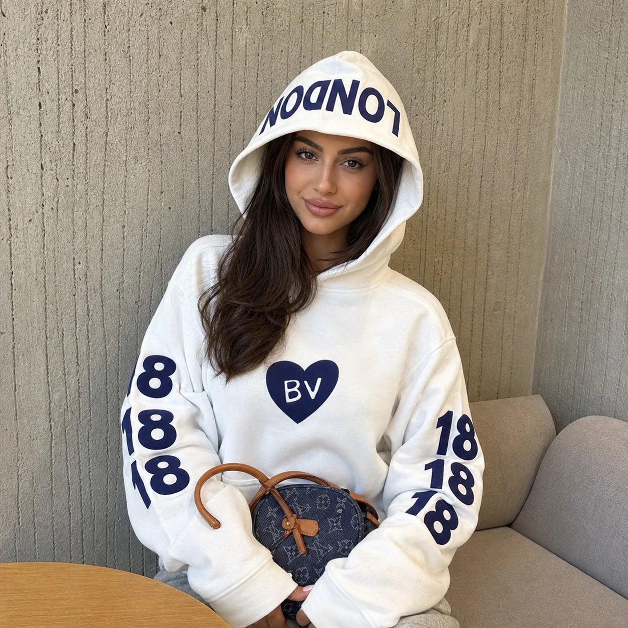 Custom Heart Embroidered Applique Hoodie | Personalize Patchwork Number On Sleeve