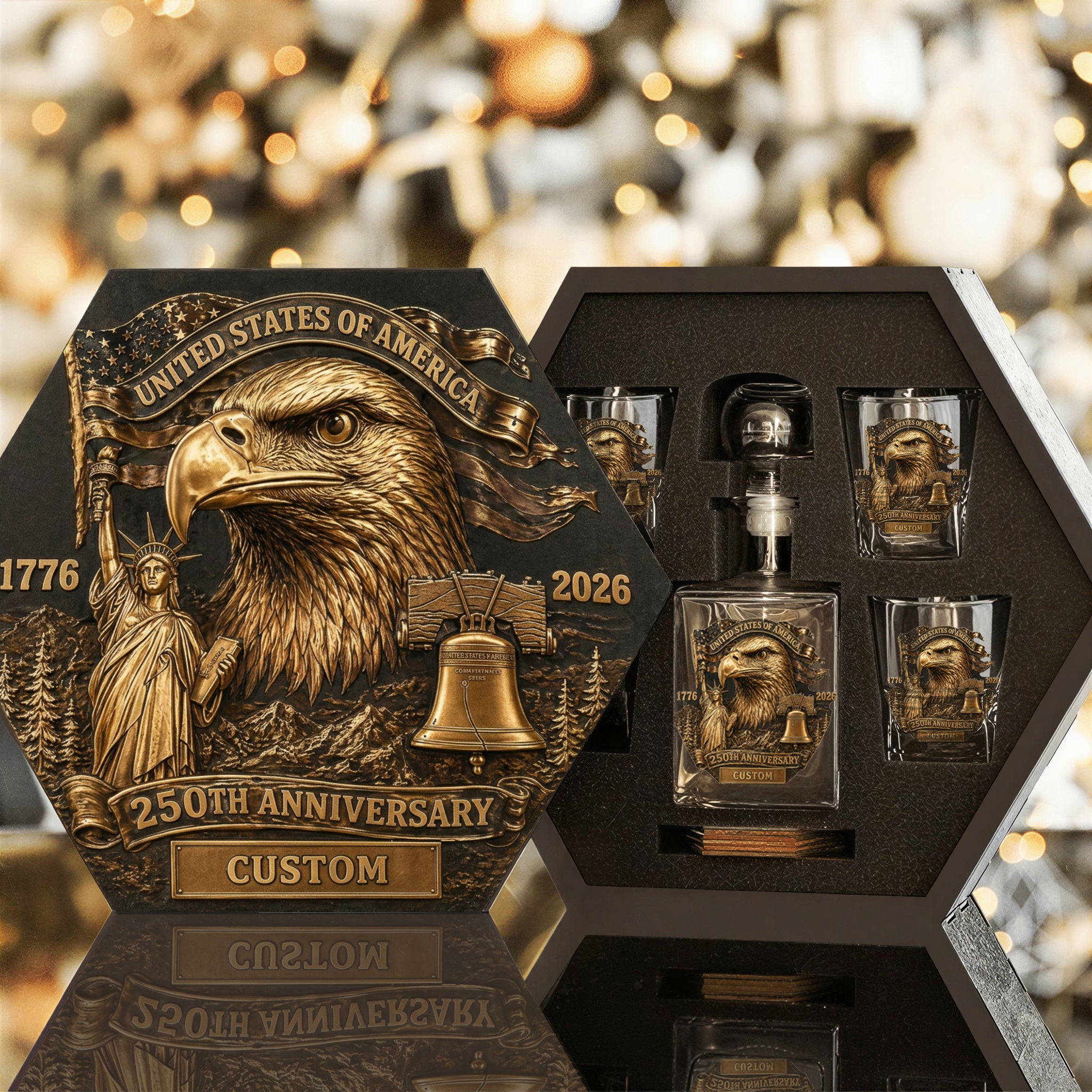 Custom Name USA 250th Anniversary Whiskey Set – Liberty & Eagle Edition | Wooden Box, Decanter, 4 Glasses & Coasters | Patriotic 1776-2026 Commemorative Gift
