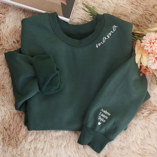 Custom Dark Green Embroidered Mama Crewneck Sweatshirt,Personalized Sweatshirt With name On The Sleeve, Mother's Day Gift