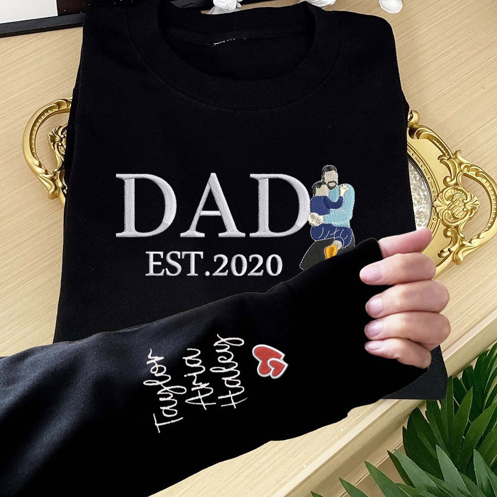 Custom Photo Embroidered Dad Sweatshirt Hoodie With Date Family Keepsake Father's Day Gift