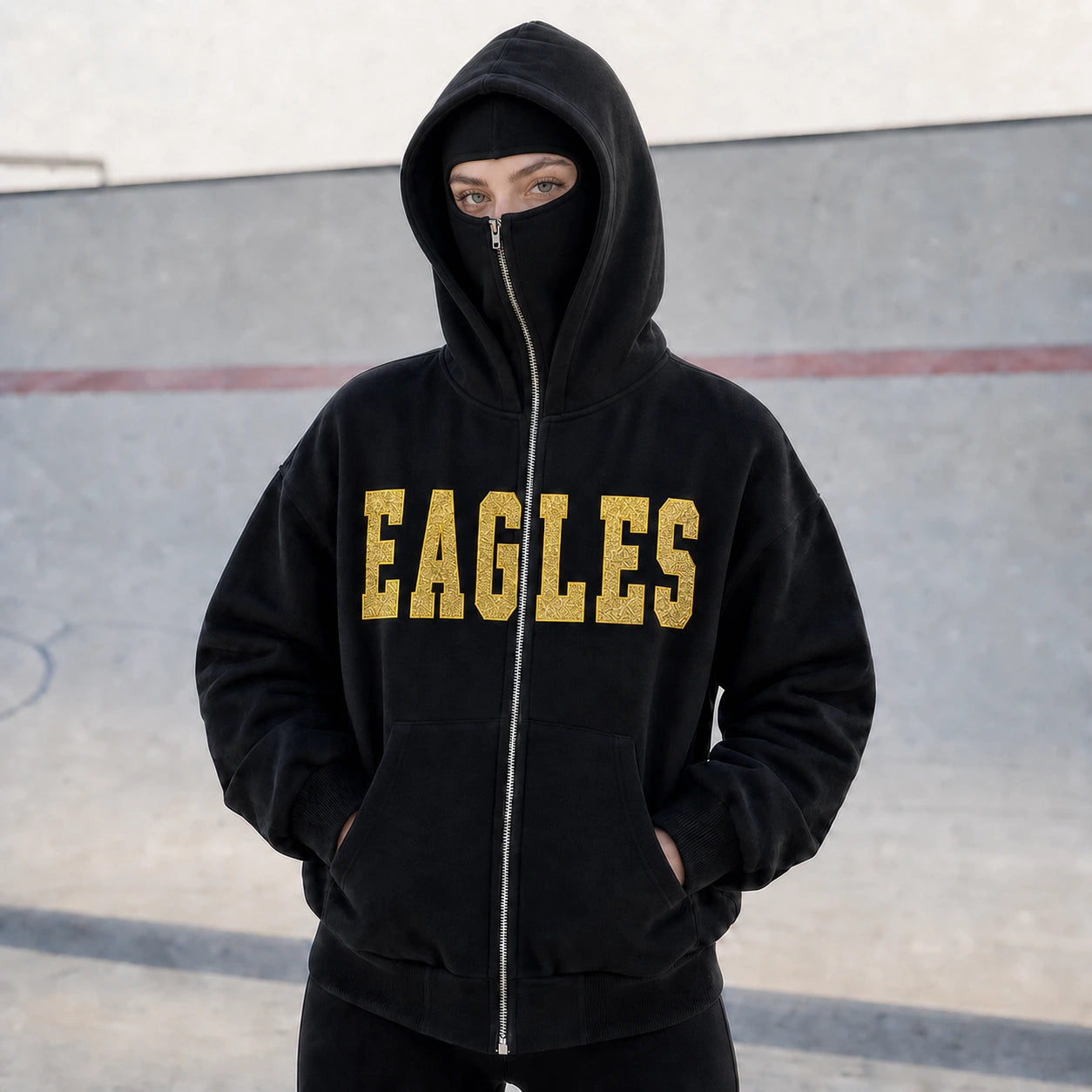 Custom Mascot Glitter Embroidered Mask Zipped Hoodie , Glitter Spirit Team Apparel, Custom Team Gear