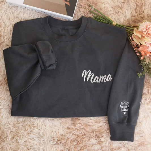 Custom Black Embroidered Mama Crewneck Sweatshirt,Personalized Kid Name On The Sleeve, Mother's Day Gift