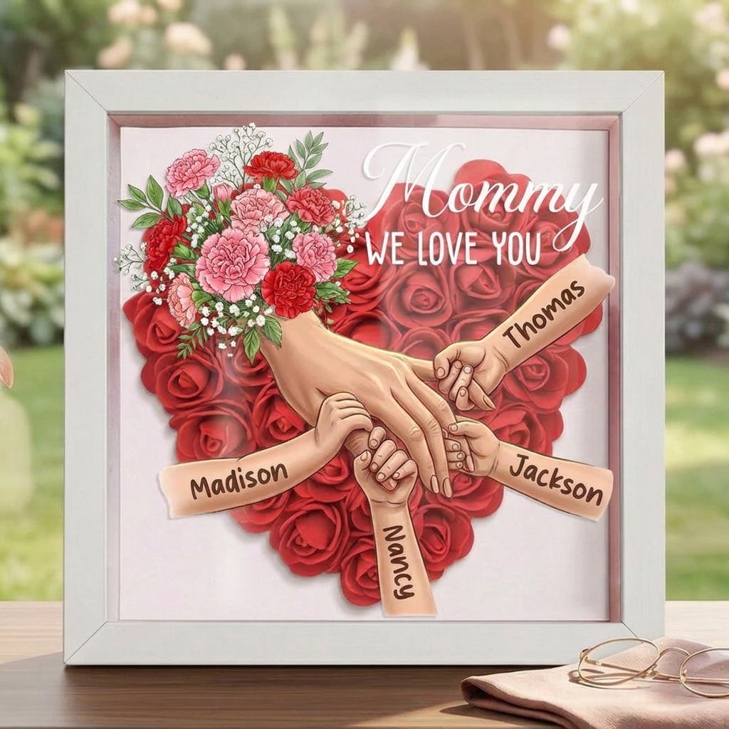 "Carnation"-Personalized Mom Holding Hands Memorial Shadow Box-Mother's Day Remembrance Frame, In Loving Memory Gift