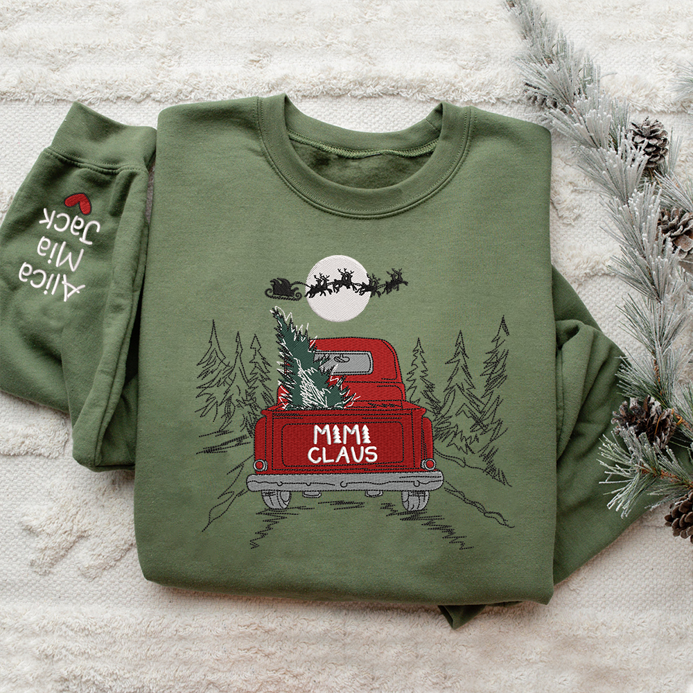 Custom Embroidered Mimi Claus Truck Xmas Sweatshirt with Kids Name on Sleeve | Christmas Gift for Mom