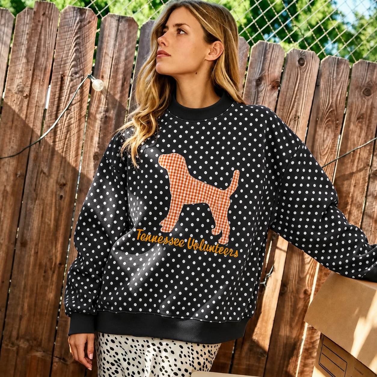Custom Mascot Applique Patchwork Team Polka Dot Check Neck Pullover