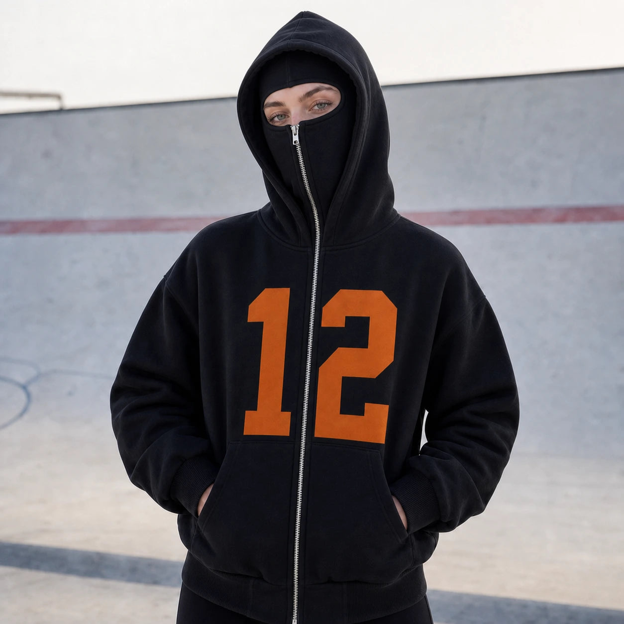Custom Printed Number Mask Zipped Hoodie ,Spirit Team Apparel, Custom Team Gear