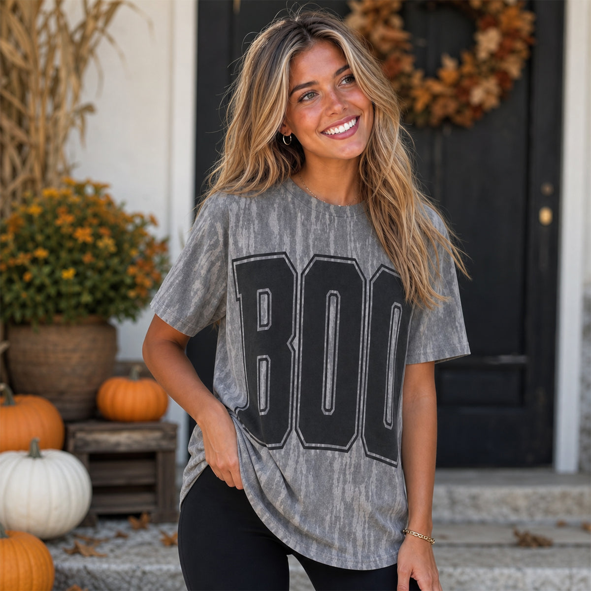 Custom Retro Varsity "BOO" Print Tee – Vintage Halloween Graphic T-Shirt