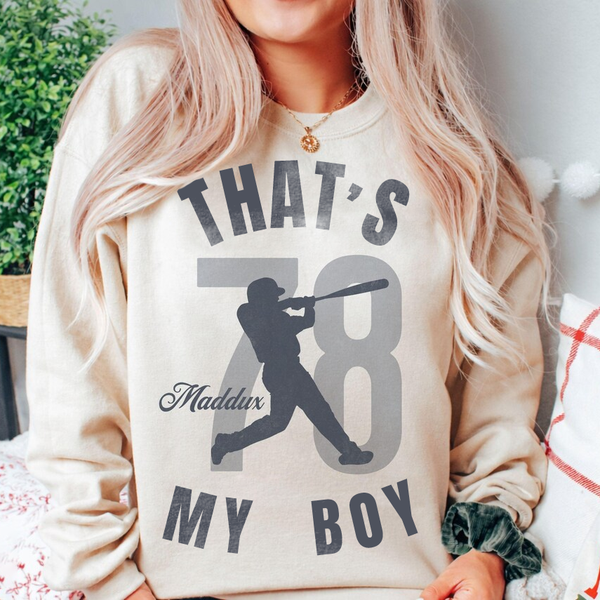 Custom Baseball Mom Sweatshirt – Personalized “That’s My Boy” Name & Number Crewneck