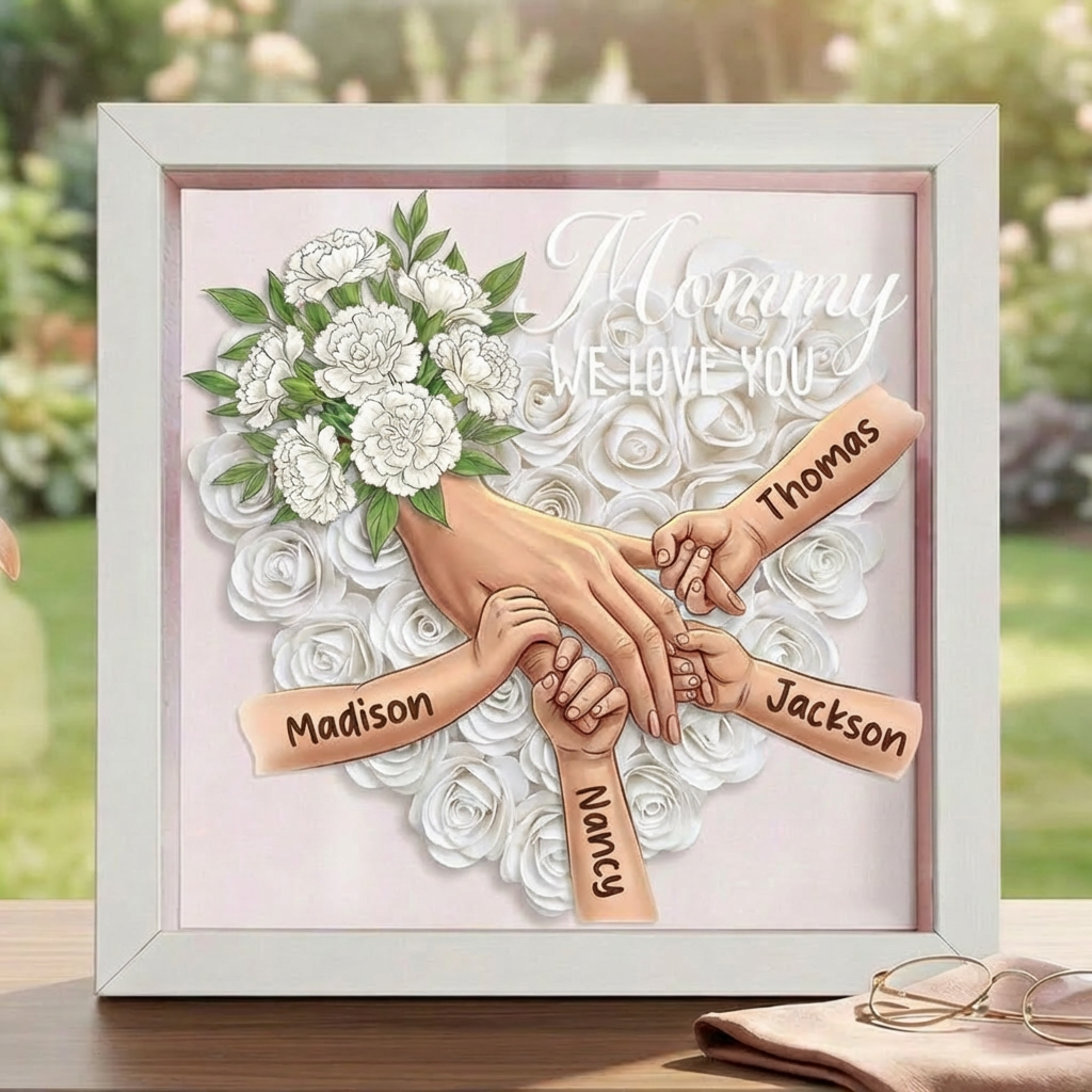 "White Carnation"-Personalized Mom Holding Hands Memorial Shadow Box-Mother's Day Remembrance Frame, In Loving Memory Gift