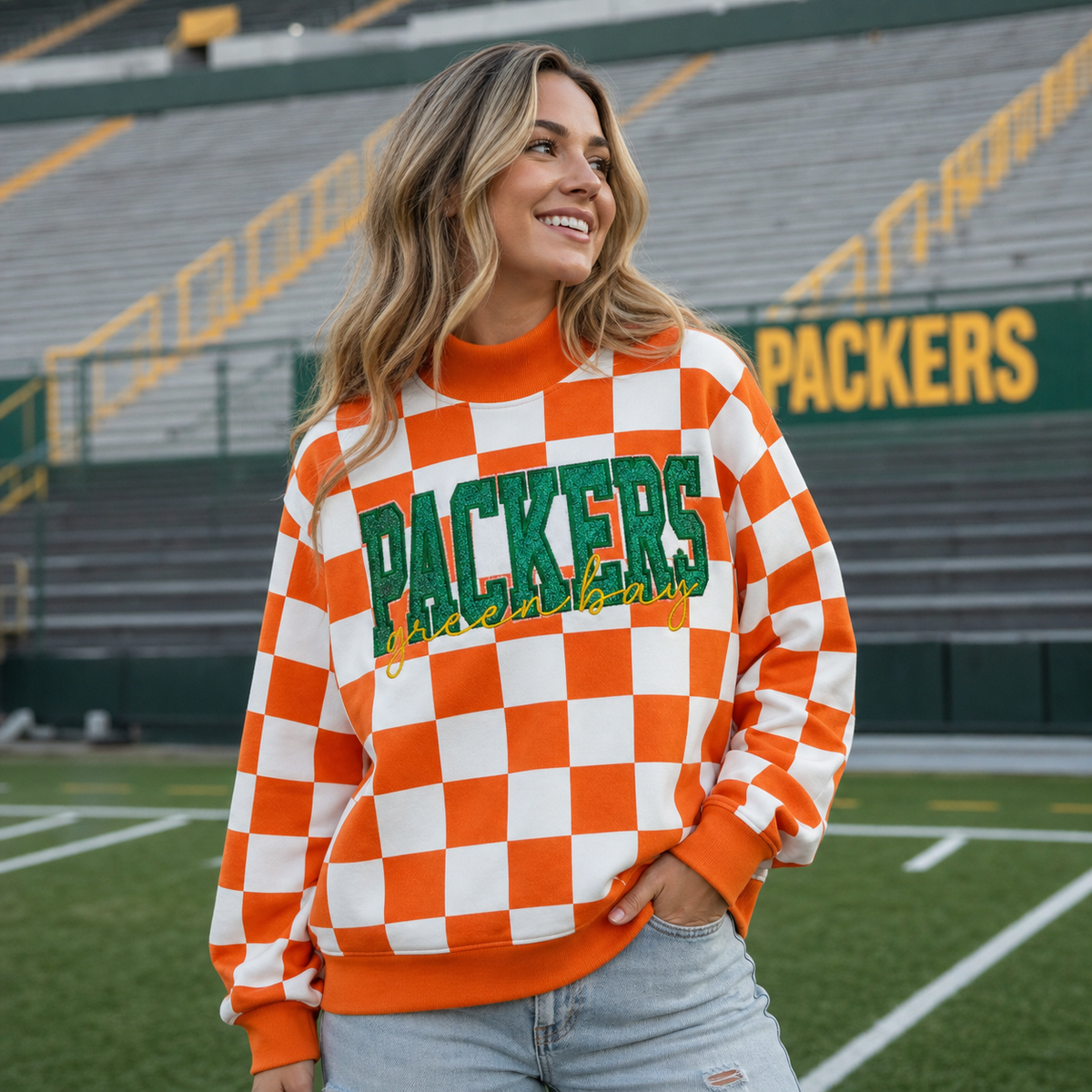 Custom Checkered Mockneck - Personalized Team Name Glitter Embroidered Game Day Pullover