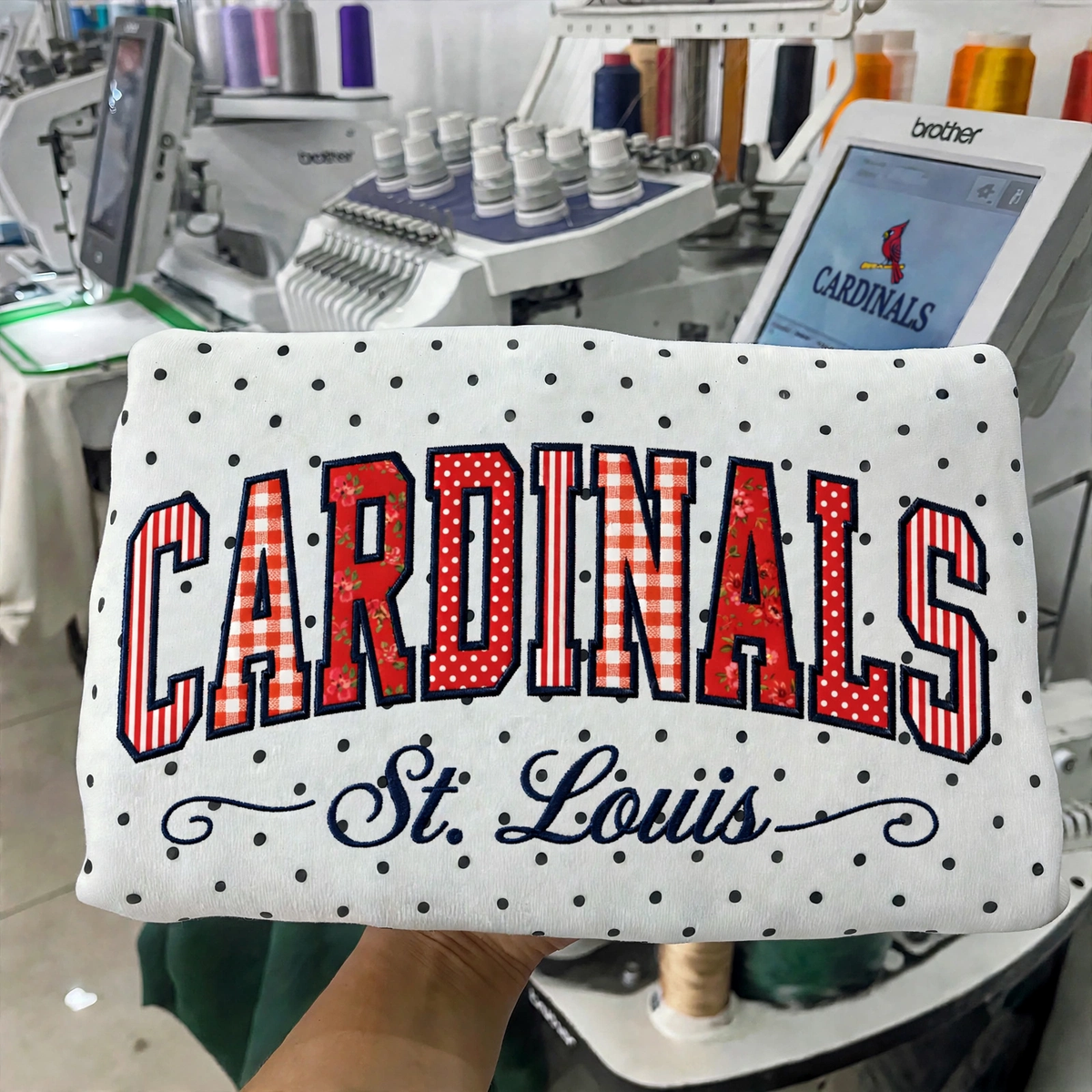 Custom Embroidered Patchwork Mix Fabric Baseball Team Polka Dot Sweatshirt | Game Day Wear