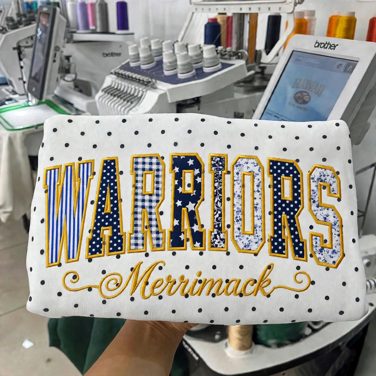 Custom College Hockey Team Patchwork Embroidered Polka Dot Sweatshirt | Hockey Fan Game Day Gear