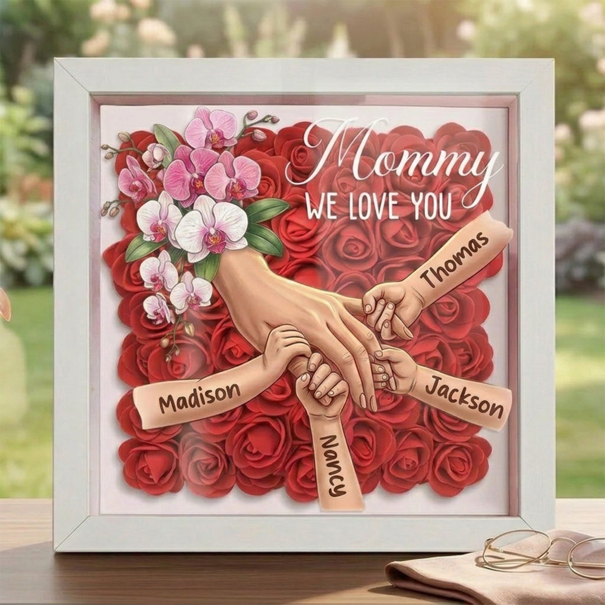 "orchid"-Personalized Mom Holding Hands Flower Shadow Box-Mother's Day Remembrance Frame