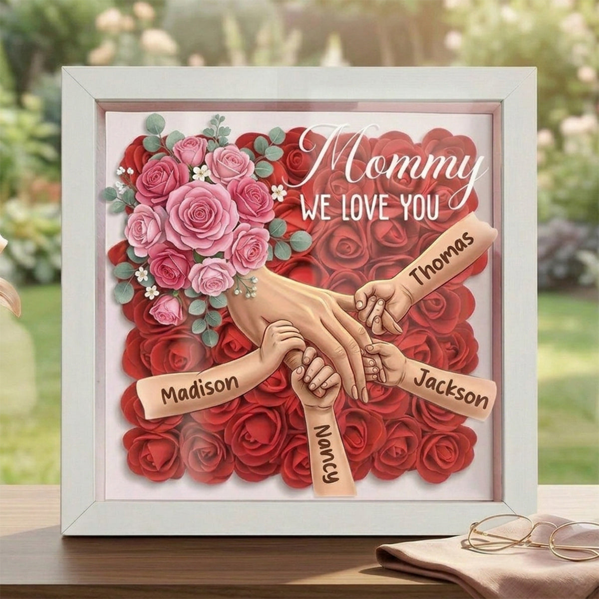 "Roses"-Personalized Mom Holding Hands  Shadow Box-Mother's Day Remembrance Frame, In Loving Memory Gift
