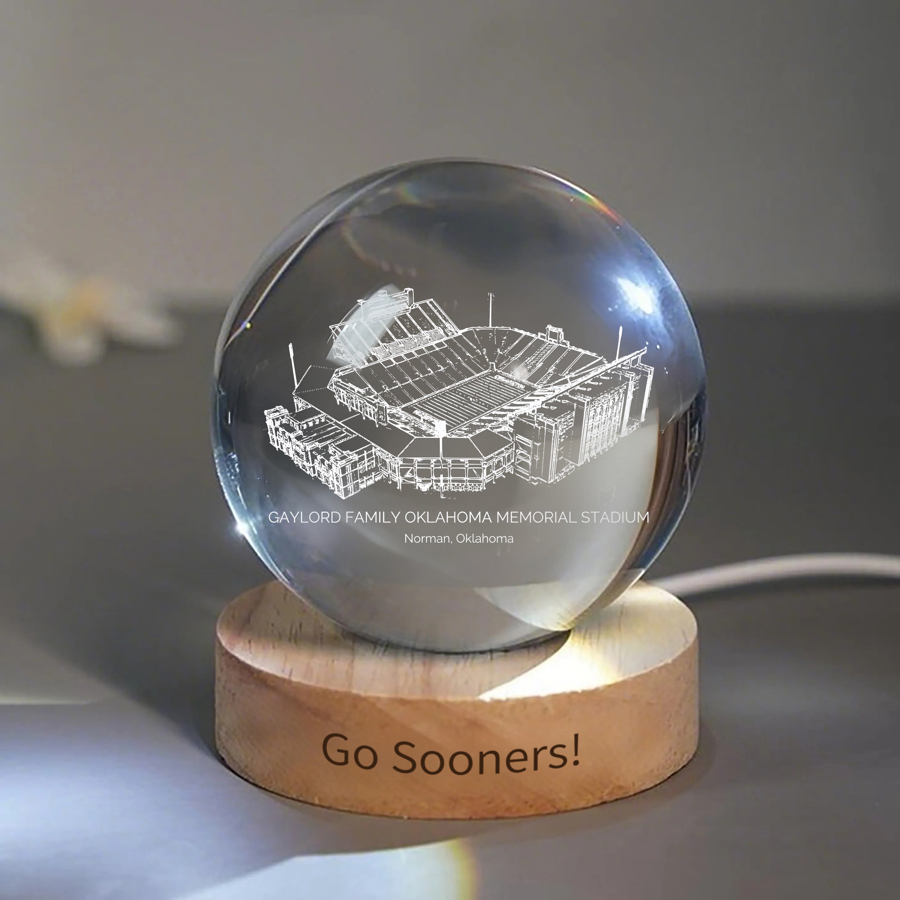 Gaylord Family Oklahoma Memorial Stadium 3D Spherical Crystal Ball Lamp | Game Day, Christmas for Sports Fans