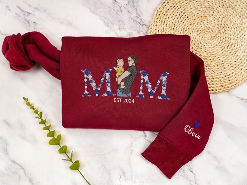 Custom Floral Date Portrait Embroidered Sweatshirt | Mother's Day Gift