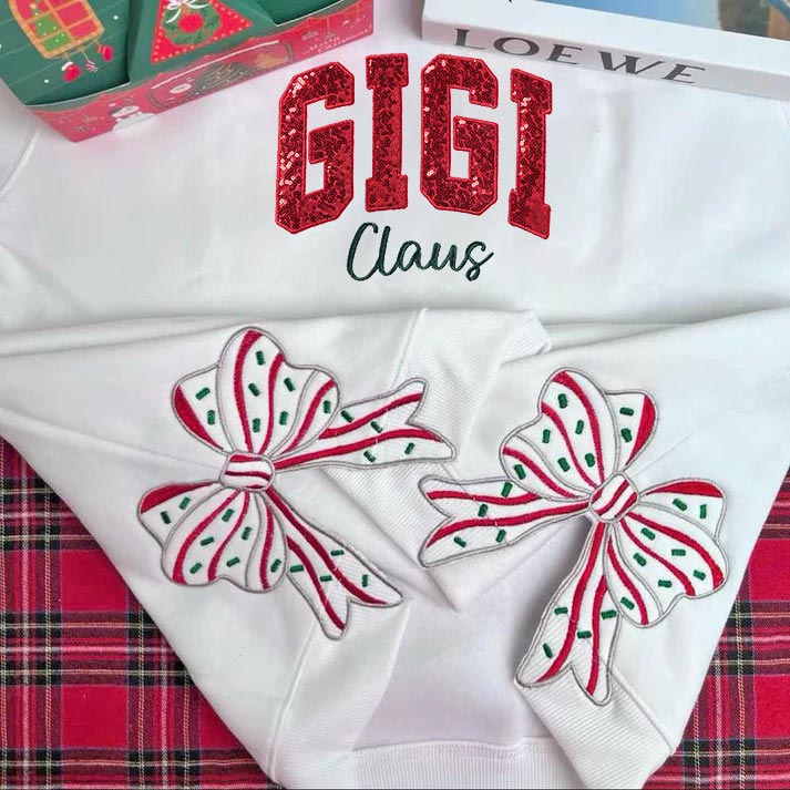 Custom Sequins Embroidered Bow Christmas GIGI Sweatshirt - Pullover Bow Side Bow Embroidered Hoodie