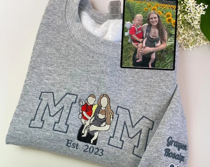 Custom Embroidered Mama Portrait Sweatshirt with Kid Name on Sleeve | Mother's Day Gift