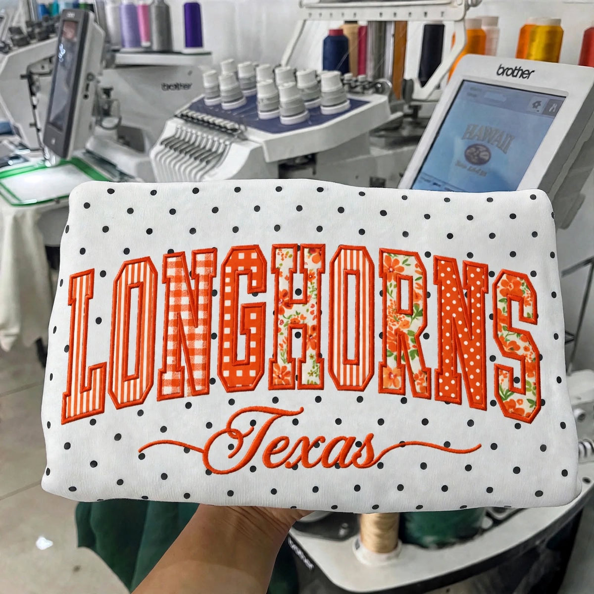 Custom College Football Team Patchwork Fabric Embroidered Polka Dot Sweatshirt Team and School Name Applique Varsity Letters | Game Day Wear