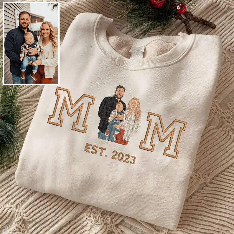 Mother's Day Custom Embroidered Family Photo Hoodie Sweatshirt T-Shirt With Kids Name | Gift For Mom