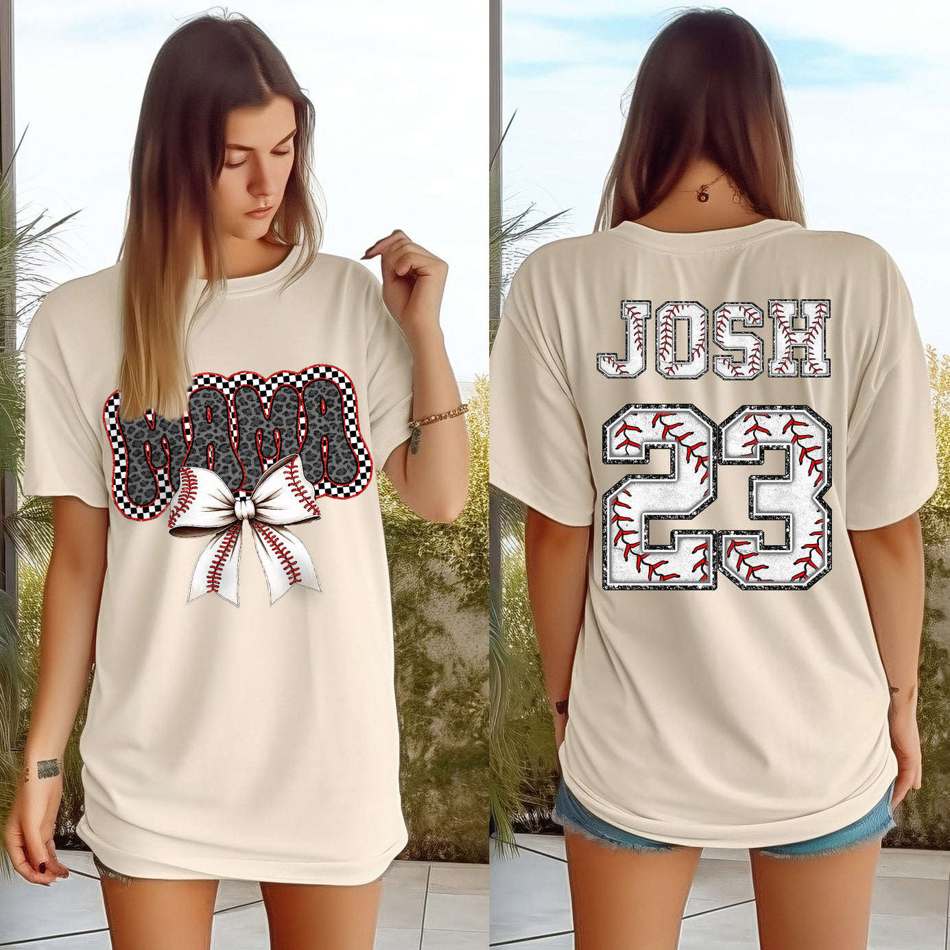 Personalized Two Side Mama Baseball Bow T-shirt